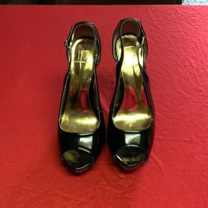 Black PanLeather 4 1/2 - 5” peep toe heels with small buckle strap worn once